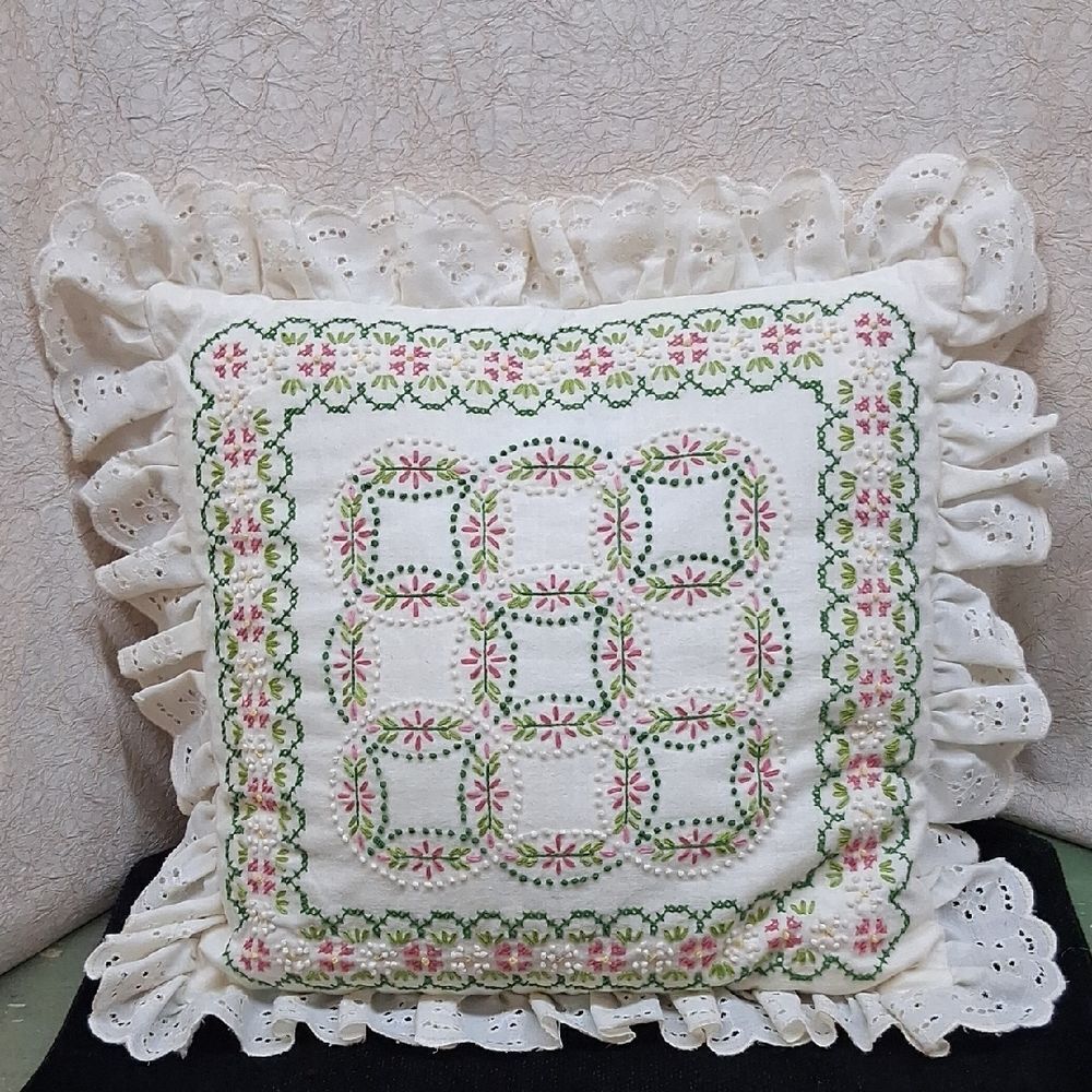 Hand crafted Embroidered Floral Ruffle 16" Square Pillow
